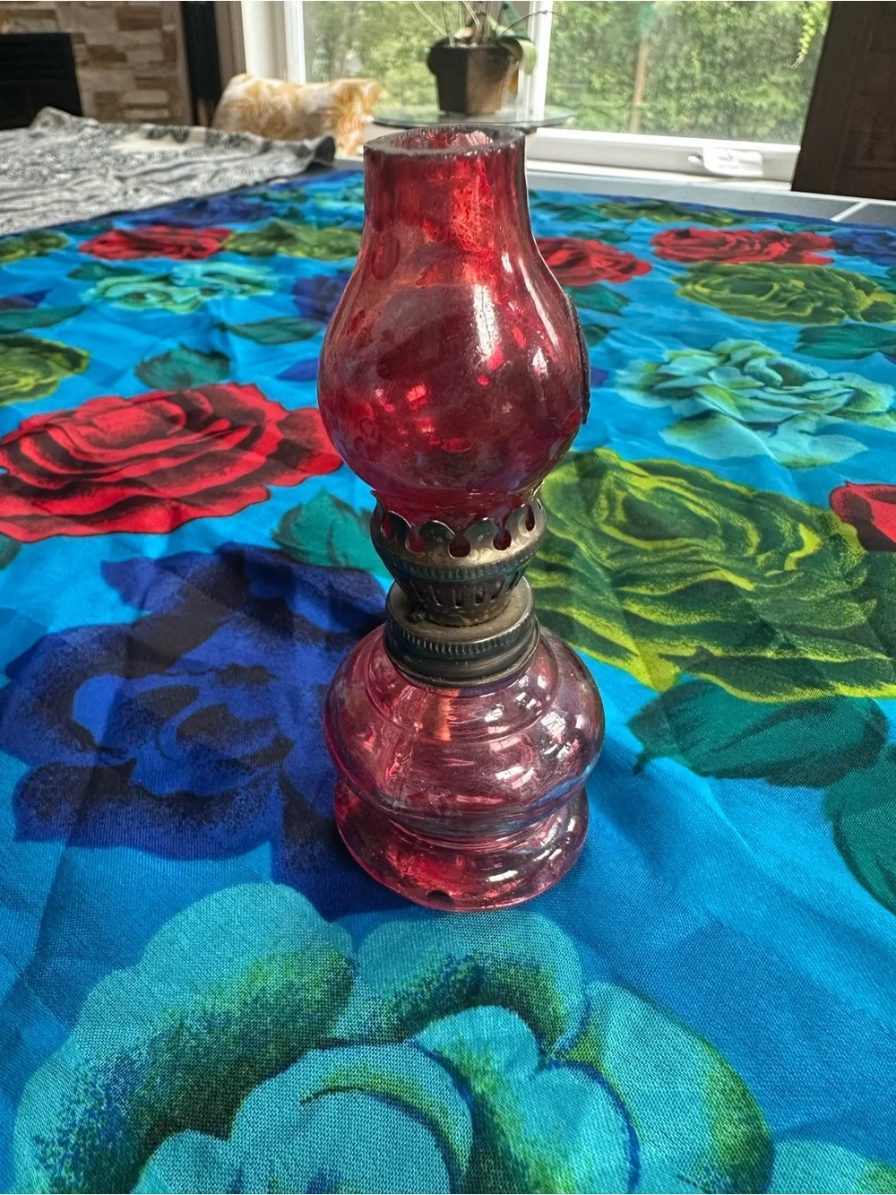 Handmade Red Glass Oil Lamp with Metal Burner